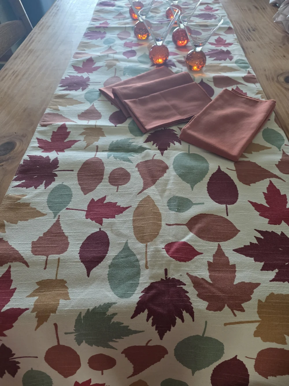 Leaf Pattern Table Runner in Cream with Red, Green & Tan Accents
